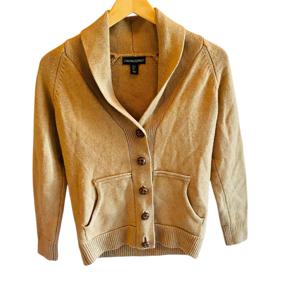 CYNTHIA ROWLEY Camel Wool Blend Tan V Neck Cardigan